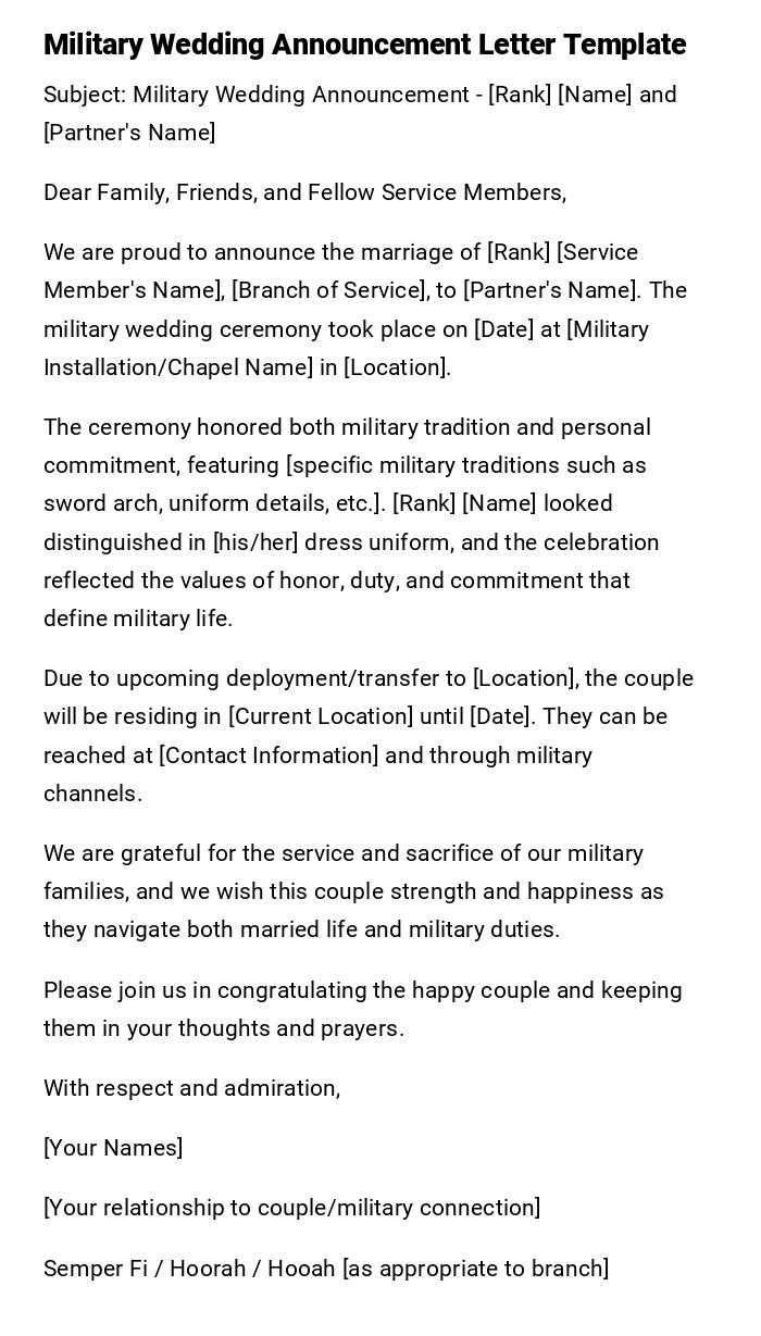 Military Wedding Announcement Letter Template