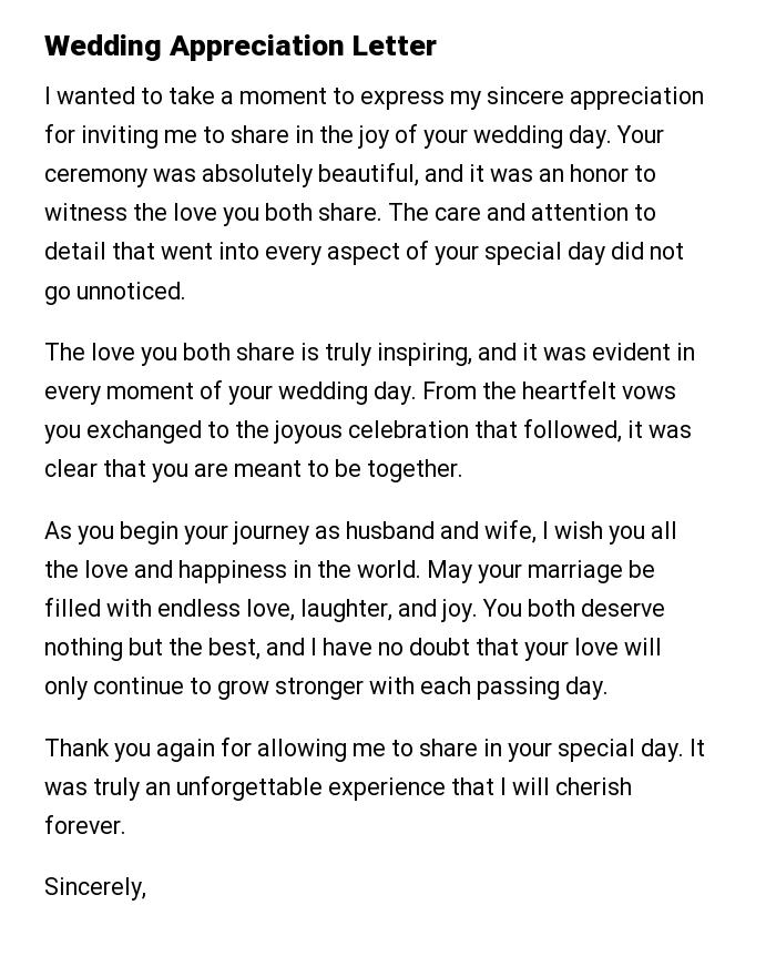 Wedding Appreciation Letter