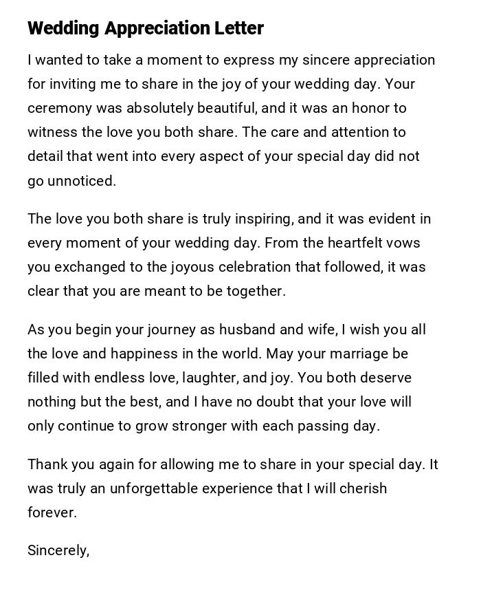 Wedding Appreciation Letter