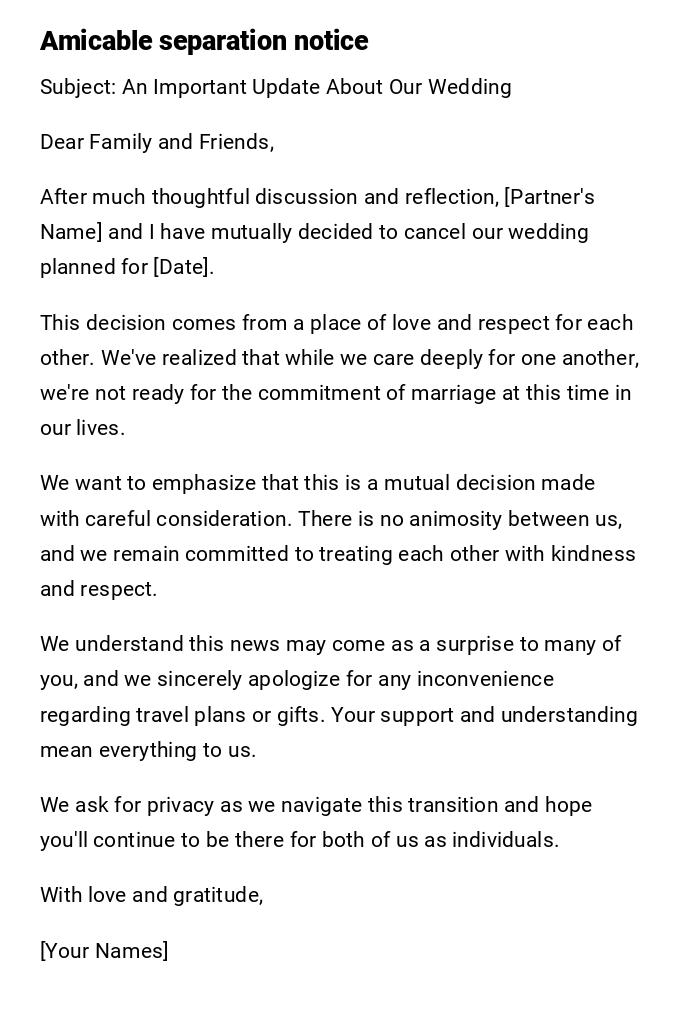 Amicable separation notice Amicable separation notice