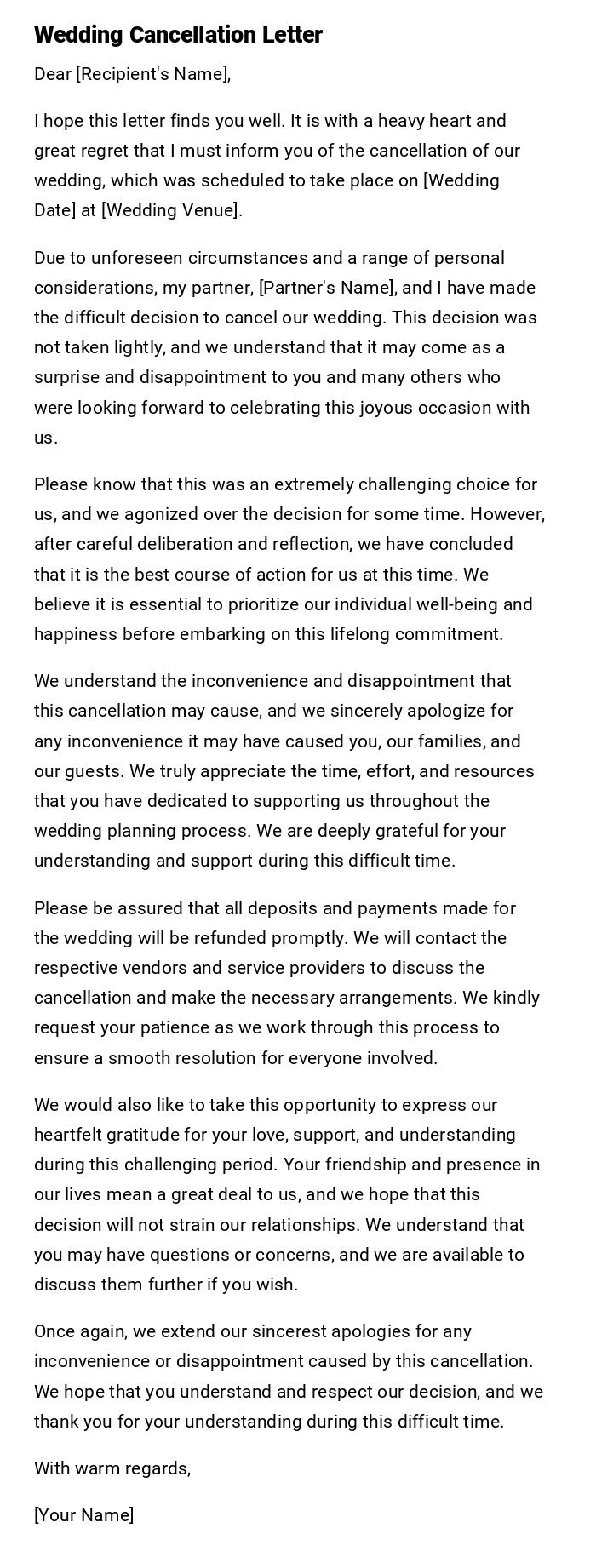 Wedding Cancellation Letter