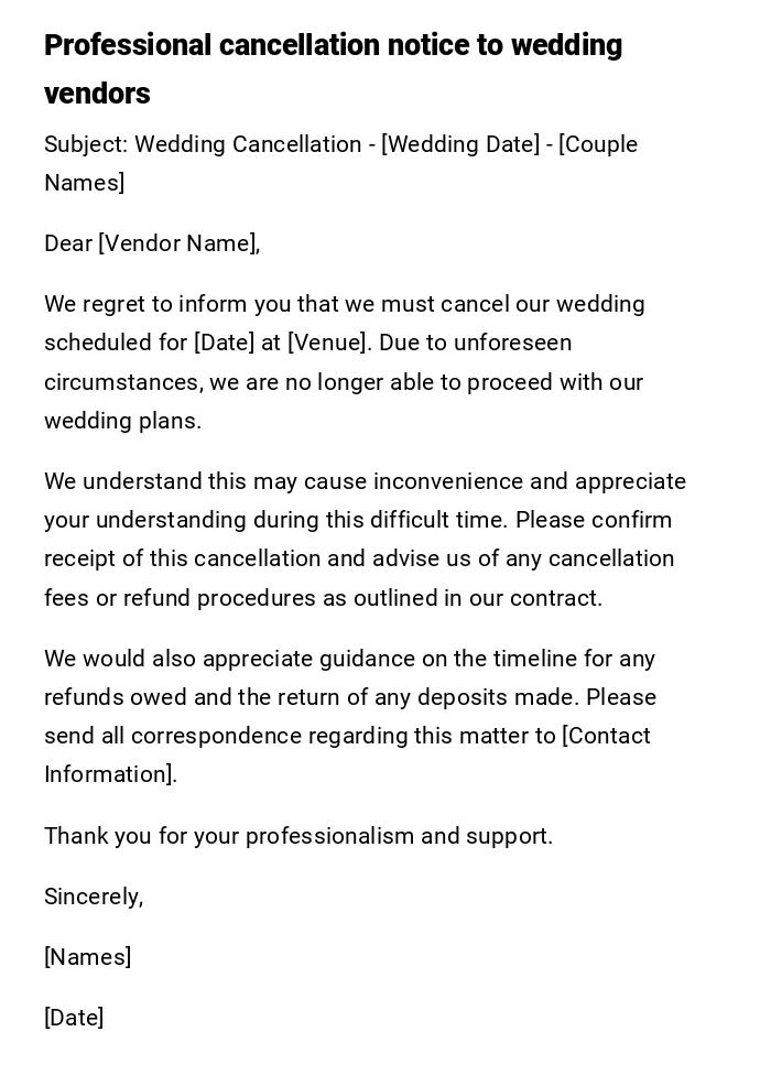 Professional cancellation notice to wedding vendors