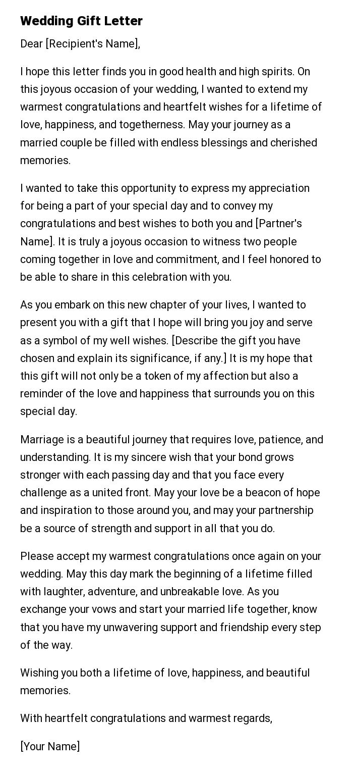 Wedding Gift Letter