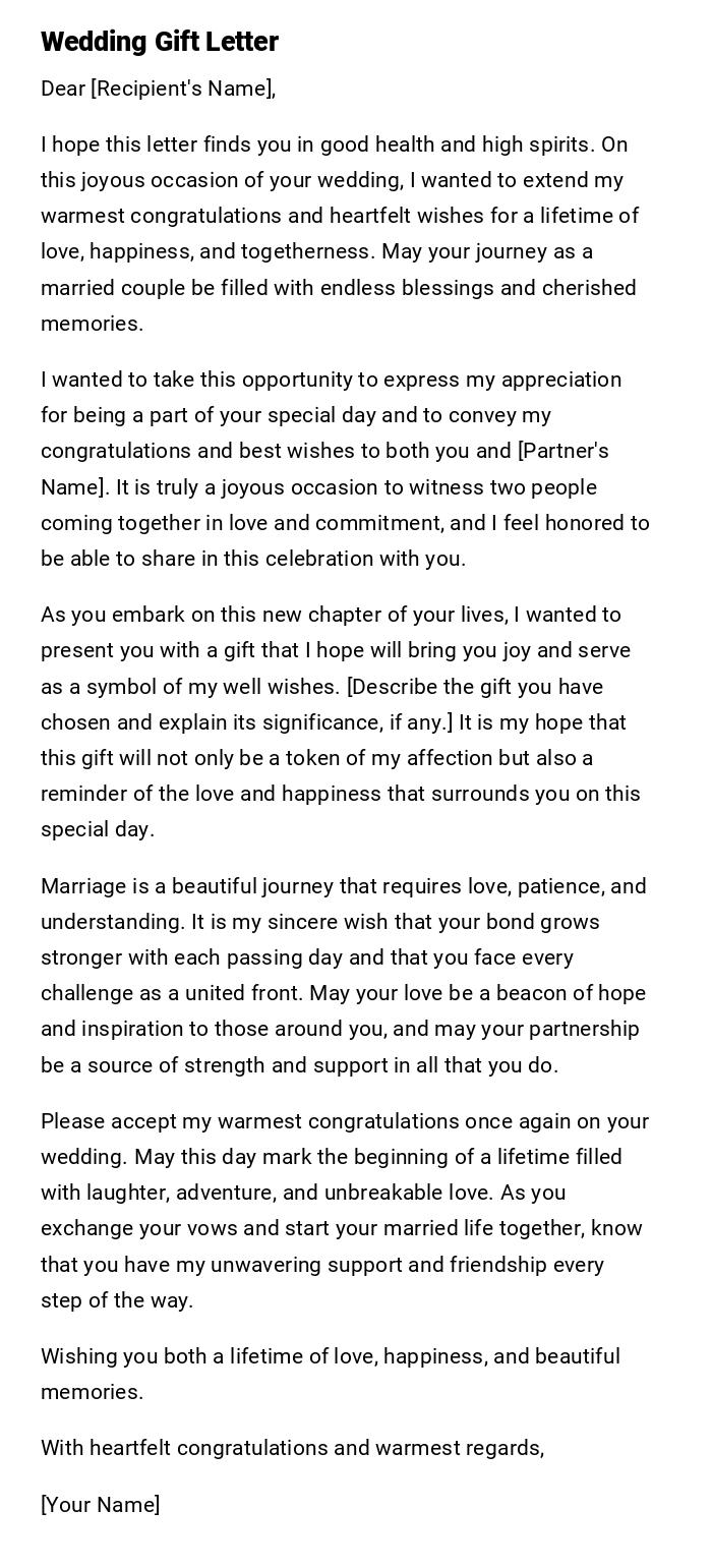 Wedding Gift Letter