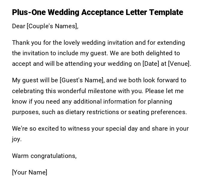 Plus-One Wedding Acceptance Letter Template Plus-One Wedding Acceptance Letter Template