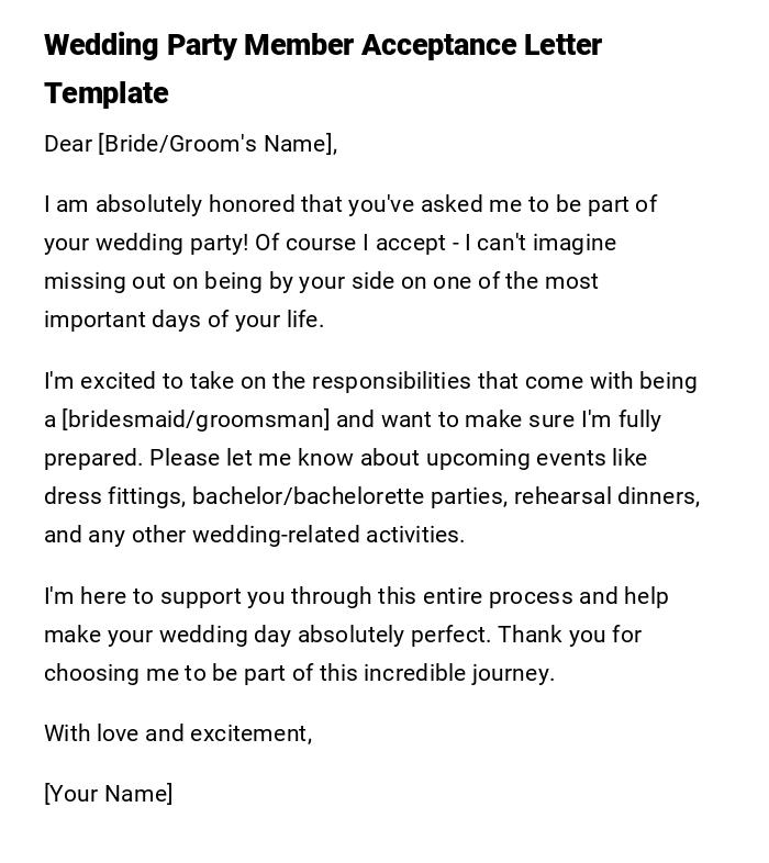 Wedding Party Member Acceptance Letter Template Wedding Party Member Acceptance Letter Template