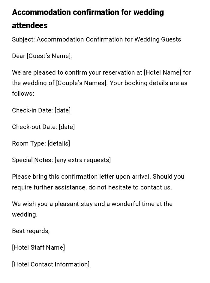 Accommodation confirmation for wedding attendees