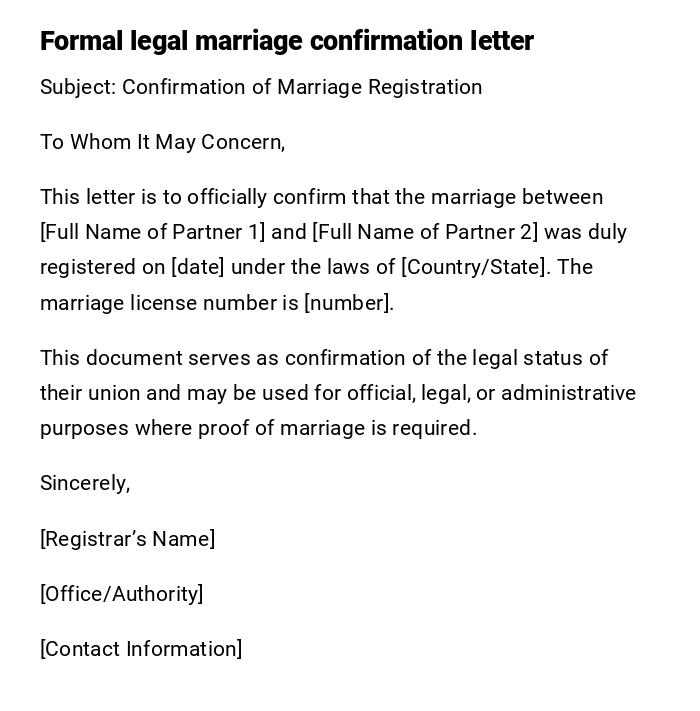 Formal legal marriage confirmation letter