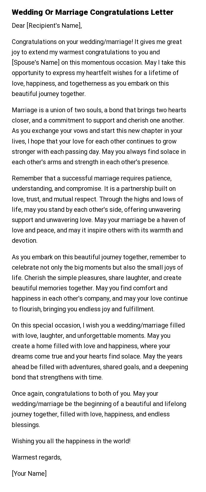Wedding Or Marriage Congratulations Letter