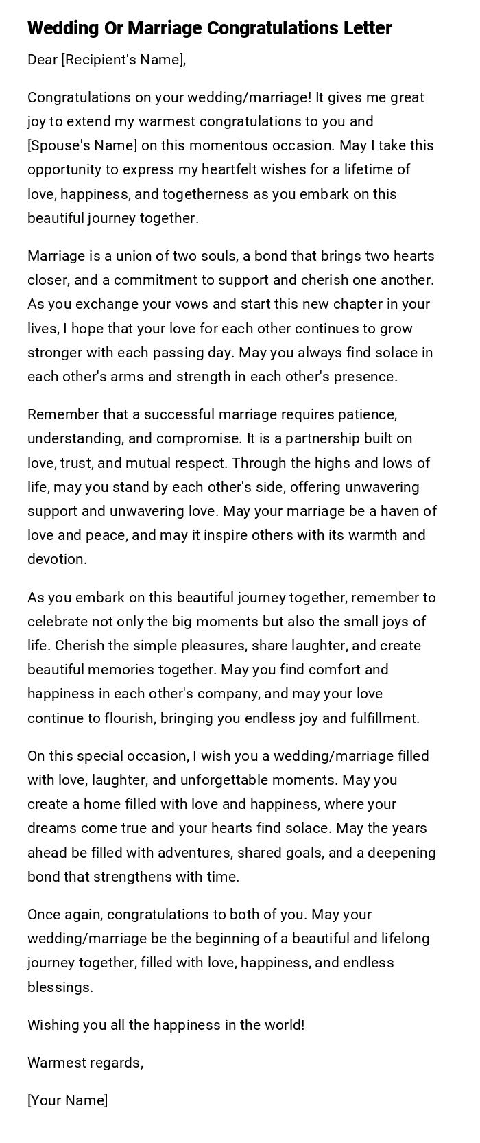 Wedding Or Marriage Congratulations Letter