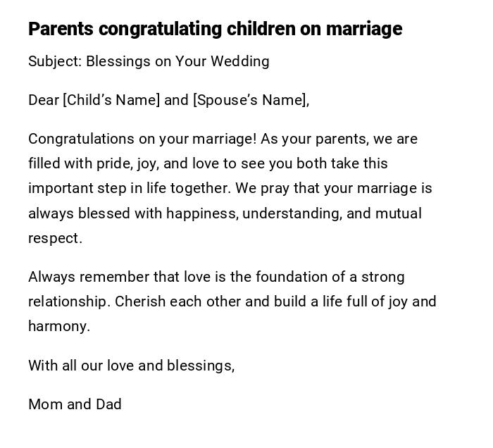 Parents congratulating children on marriage