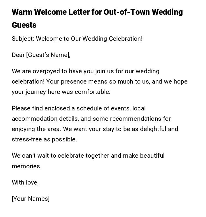 Warm Welcome Letter for Out-of-Town Wedding Guests Warm Welcome Letter for Out-of-Town Wedding Guests