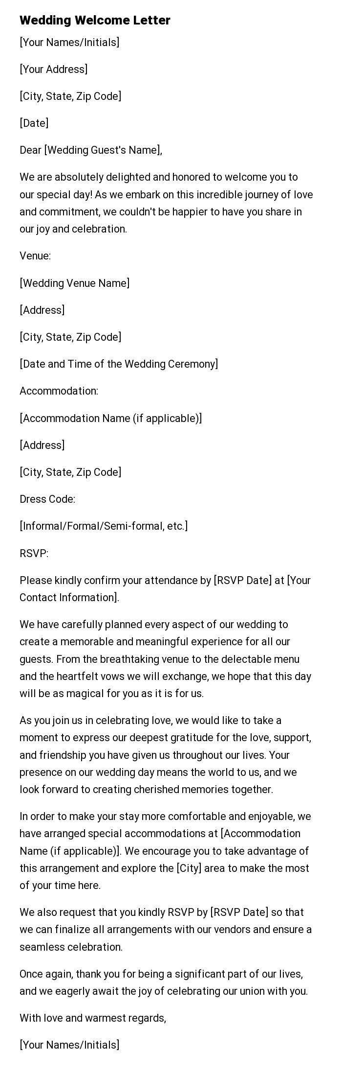 Wedding Welcome Letter