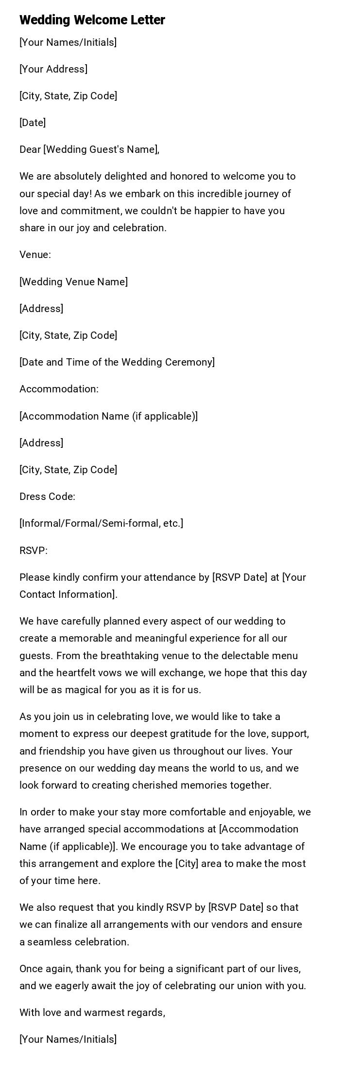 Wedding Welcome Letter