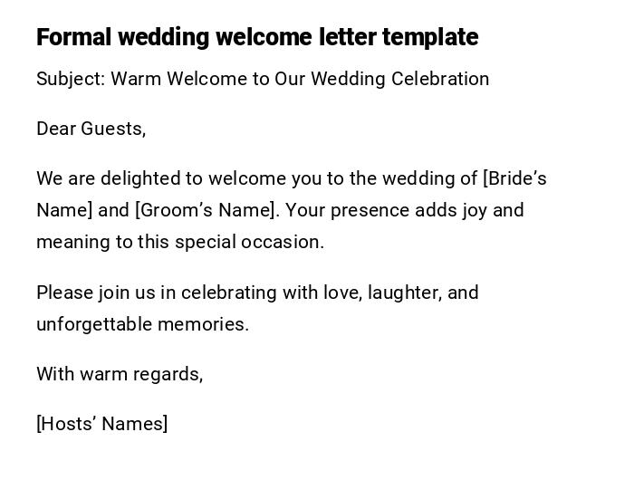 Formal wedding welcome letter template