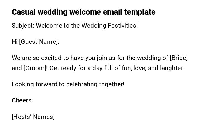 Casual wedding welcome email template