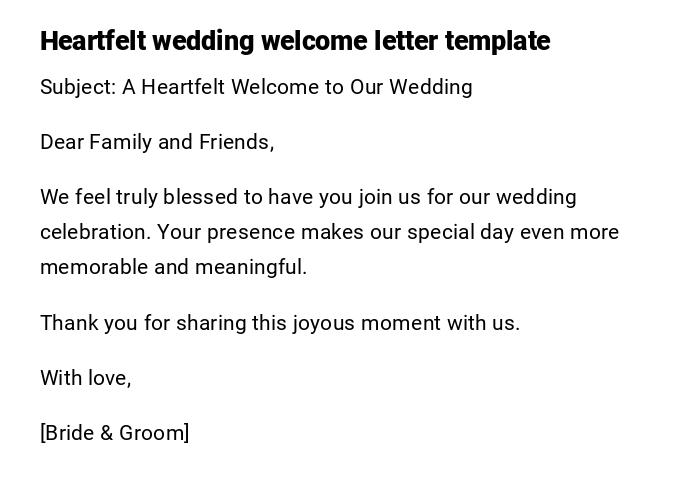 Heartfelt wedding welcome letter template