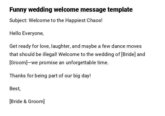 Funny wedding welcome message template
