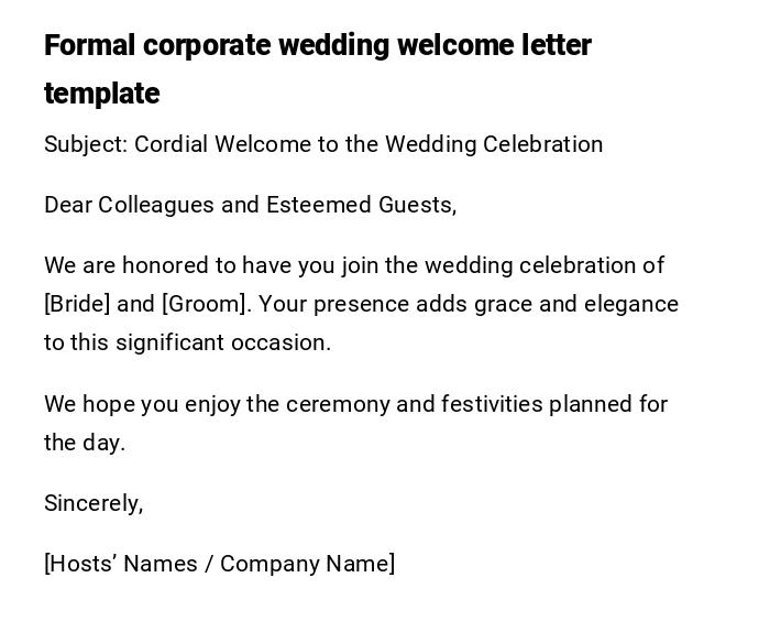 Formal corporate wedding welcome letter template