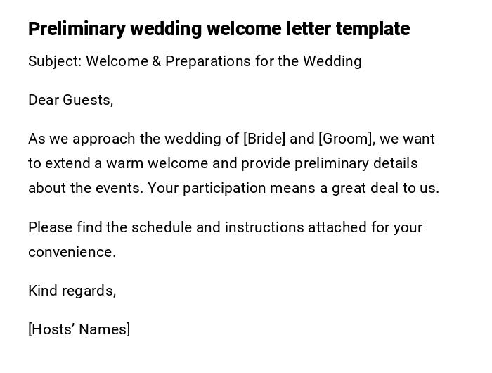 Preliminary wedding welcome letter template