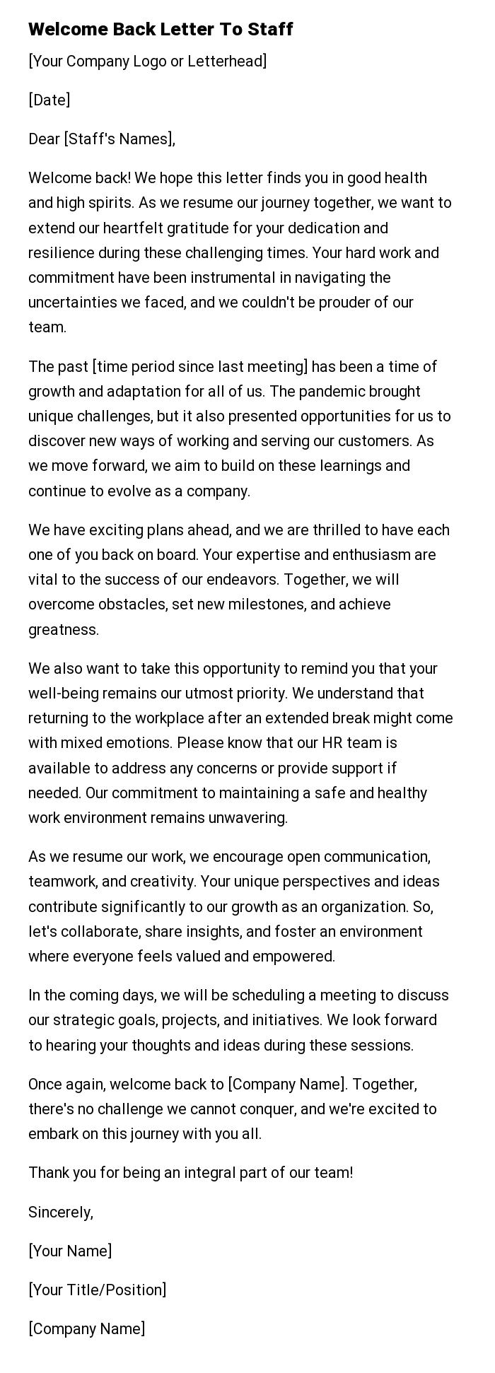 Welcome Back Letter To Staff