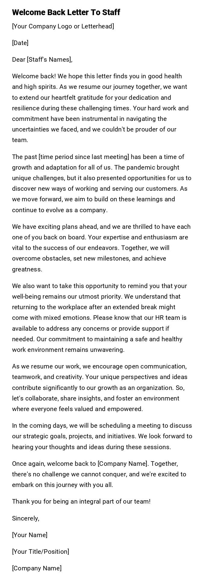 Welcome Back Letter To Staff Welcome Back Letter To Staff