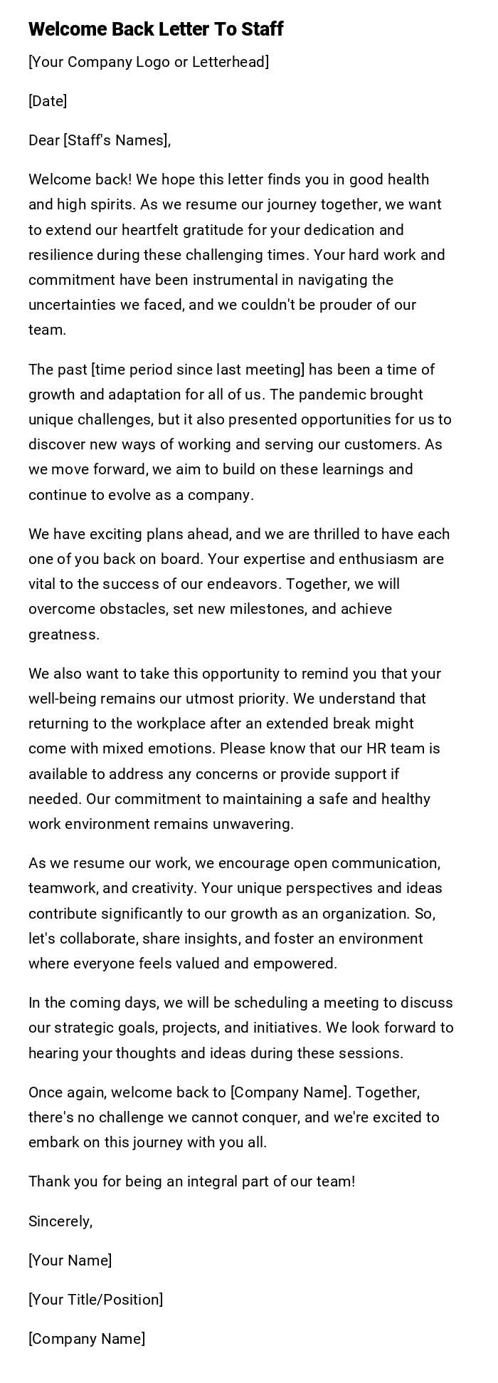 Welcome Back Letter To Staff