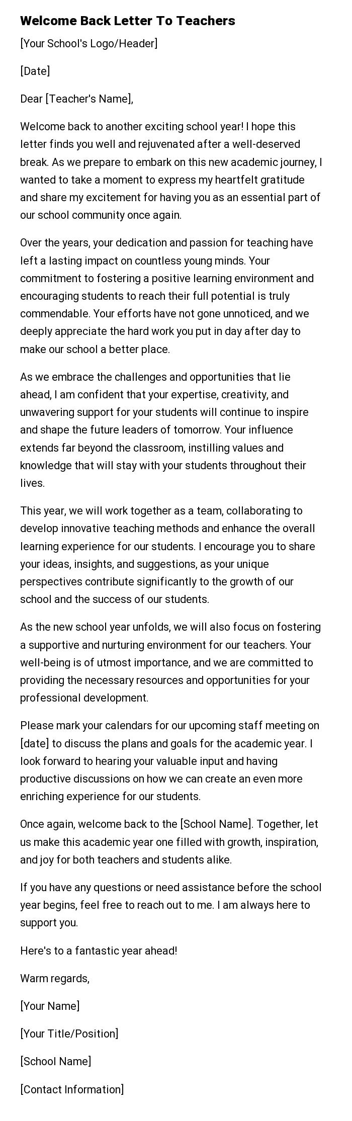 Welcome Back Letter To Teachers