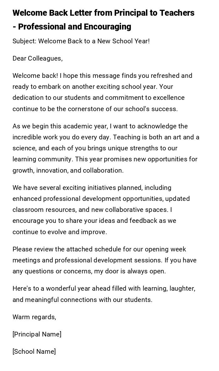Welcome Back Letter from Principal to Teachers - Professional and Encouraging