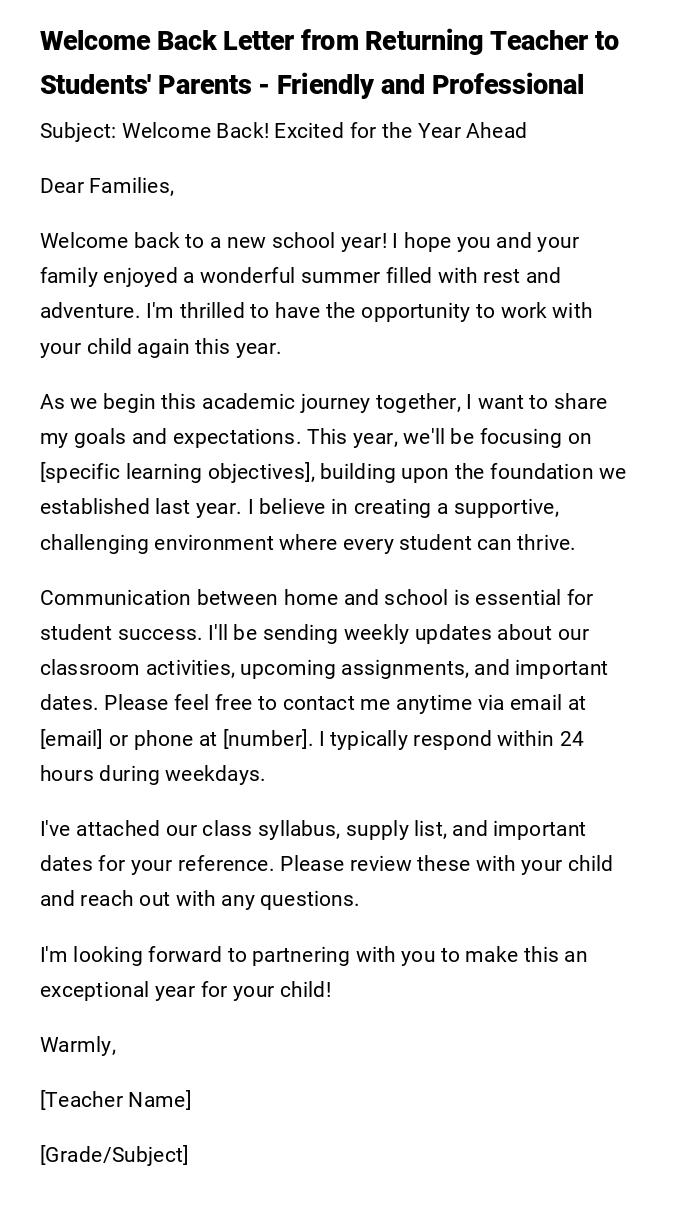 Welcome Back Letter from Returning Teacher to Students' Parents - Friendly and Professional
