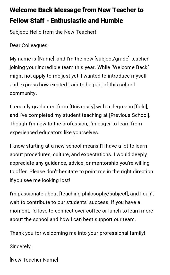 Welcome Back Message from New Teacher to Fellow Staff - Enthusiastic and Humble