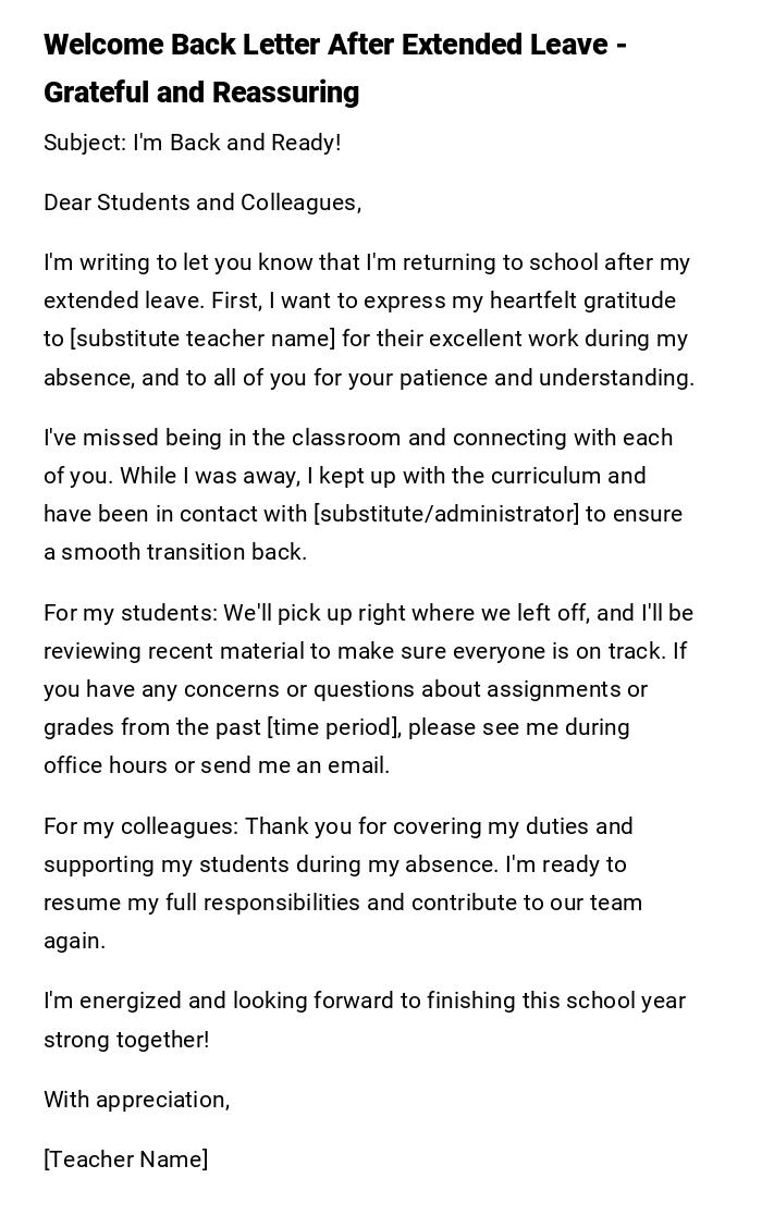 Welcome Back Letter After Extended Leave - Grateful and Reassuring
