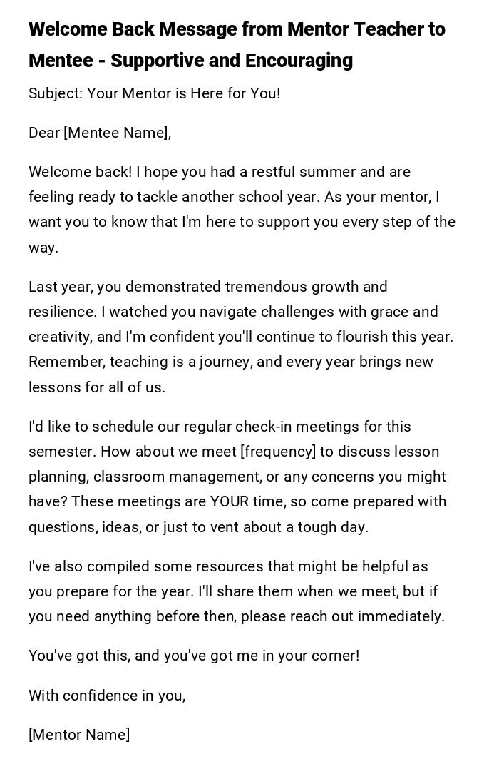 Welcome Back Message from Mentor Teacher to Mentee - Supportive and Encouraging