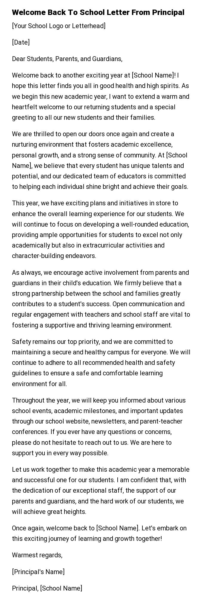 Welcome Back To School Letter From Principal