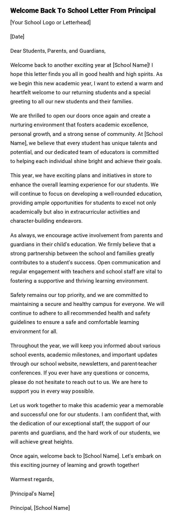 Welcome Back To School Letter From Principal