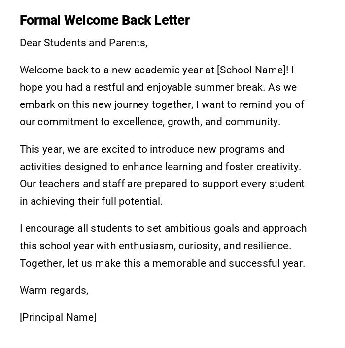 Formal Welcome Back Letter