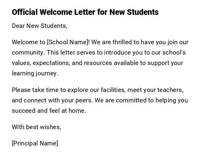 Official Welcome Letter for New Students