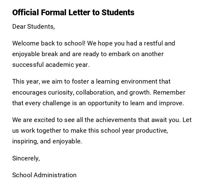 Official Formal Letter to Students Official Formal Letter to Students