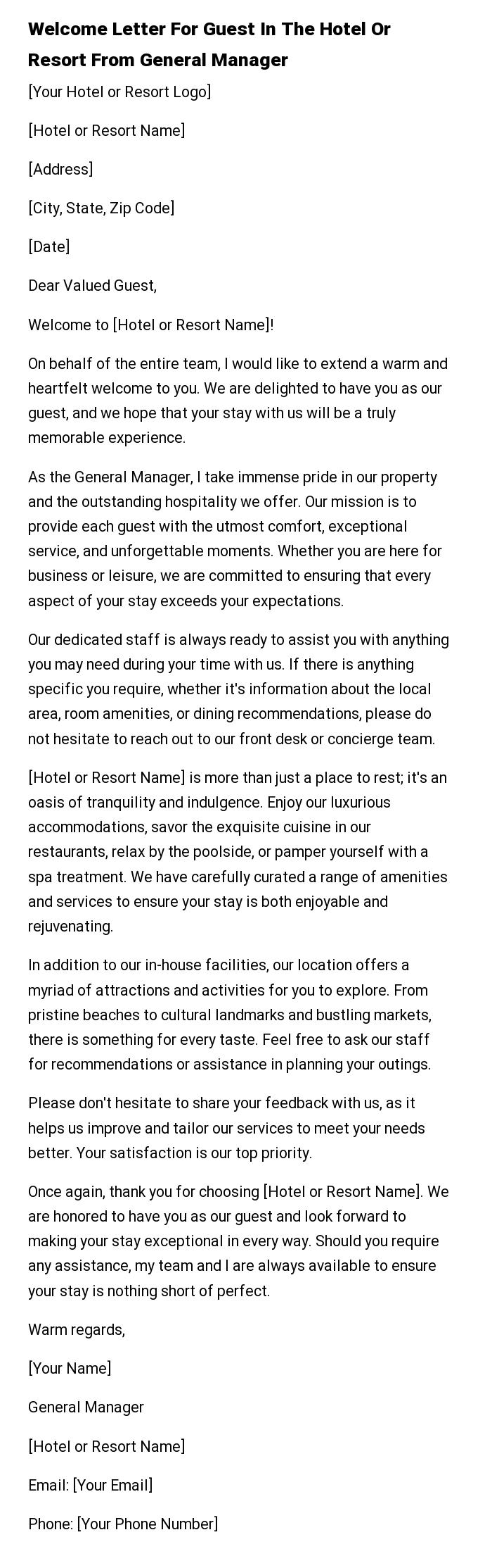 Welcome Letter For Guest In The Hotel Or Resort From General Manager