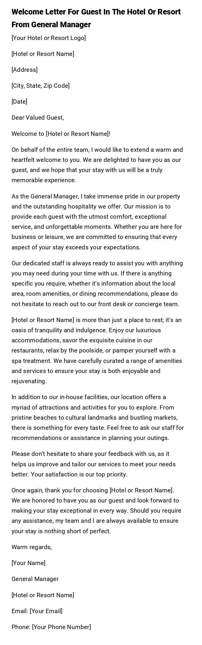 Welcome Letter For Guest In The Hotel Or Resort From General Manager