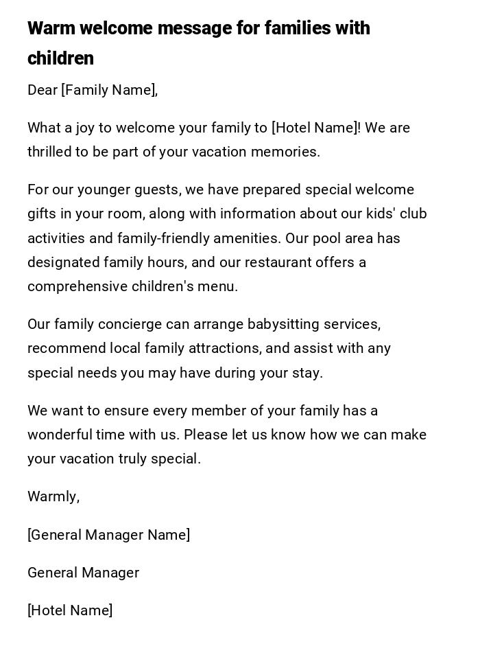Warm welcome message for families with children Warm welcome message for families with children