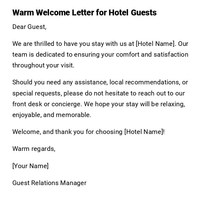 Warm Welcome Letter for Hotel Guests Warm Welcome Letter for Hotel Guests