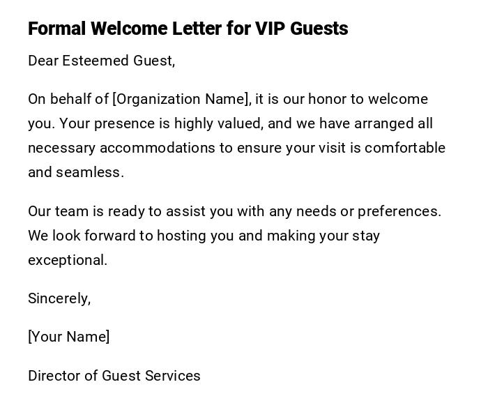 Formal Welcome Letter for VIP Guests Formal Welcome Letter for VIP Guests