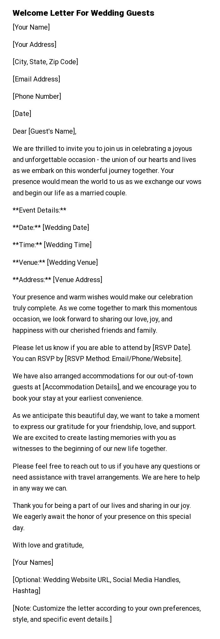 Welcome Letter For Wedding Guests