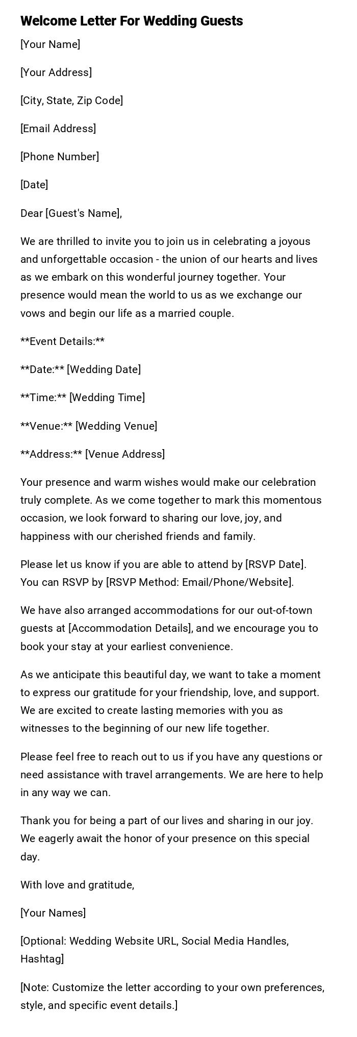 Welcome Letter For Wedding Guests