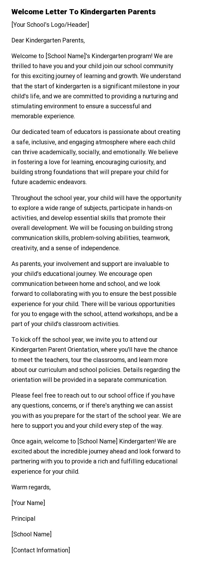 Welcome Letter To Kindergarten Parents