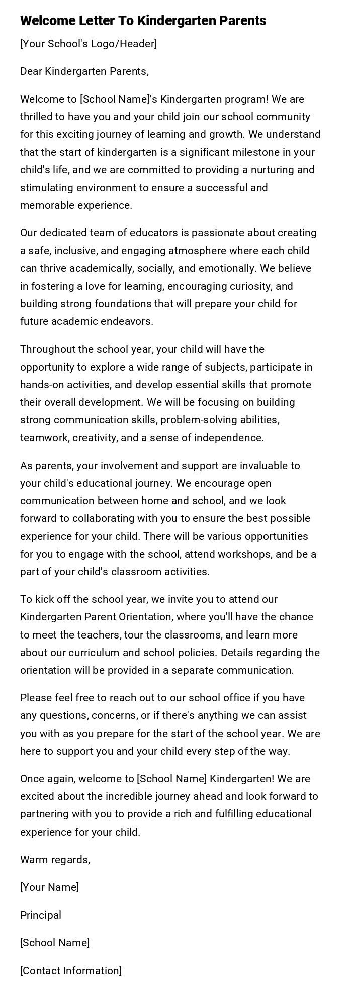 Welcome Letter To Kindergarten Parents