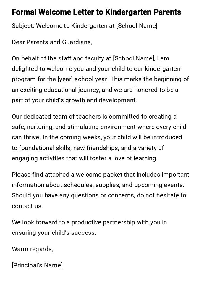 Formal Welcome Letter to Kindergarten Parents Formal Welcome Letter to Kindergarten Parents