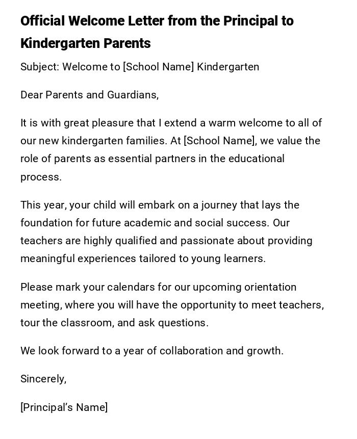Official Welcome Letter from the Principal to Kindergarten Parents Official Welcome Letter from the Principal to Kindergarten Parents