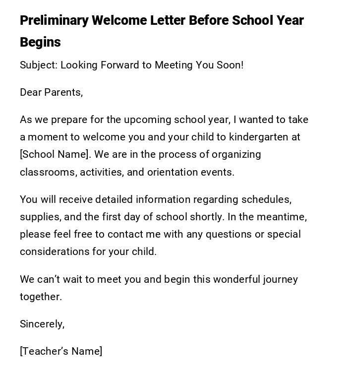 Preliminary Welcome Letter Before School Year Begins Preliminary Welcome Letter Before School Year Begins